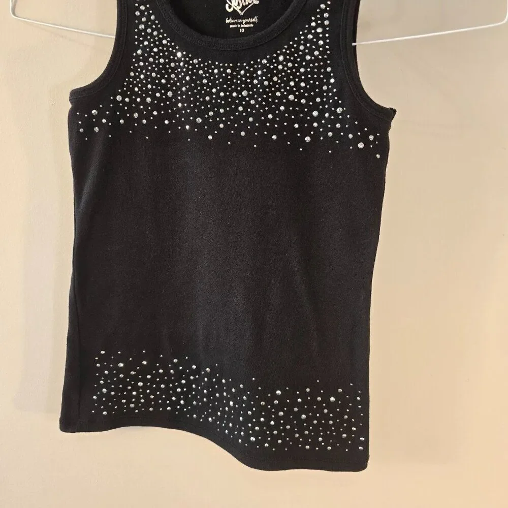 Justice Kids Girls Size 10 Fitted Black Muscle Tank Top Studded Bling Scoop Neck